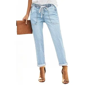 High Waisted Stretch Jeans - Denim Pants with Elastic Waist & Drawstring, Casual Cotton Joggers