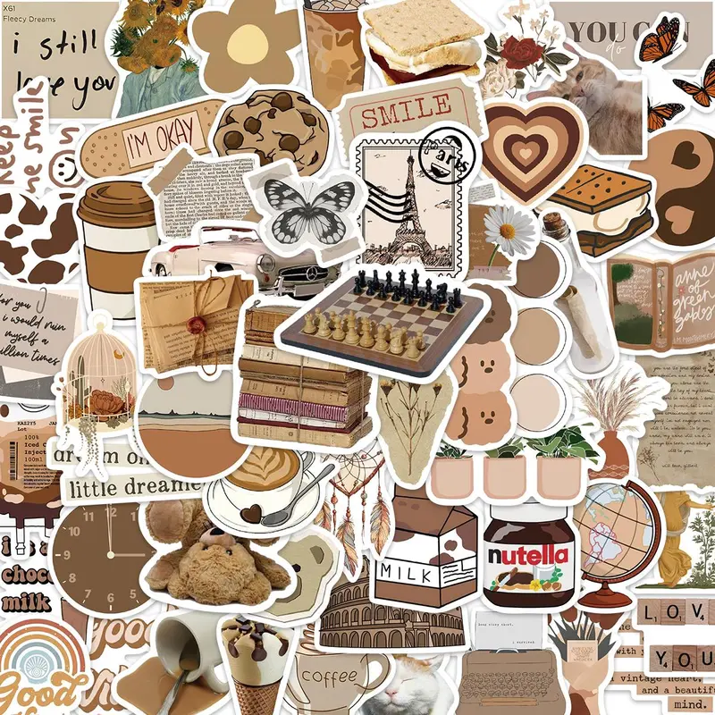 Retro Aesthetic Stickers, 60pcs/set Self Adhesive Decorative Stickers, DIY Decals for Water Bottle, Laptop, Phone Case, Scrapbooking, Journal Making