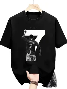 Ronaldo 7 Men's Graphic Tee, Summer Casual Breathable Short Sleeve Top, Fitted Sporty Print Shirt for Sports Fans