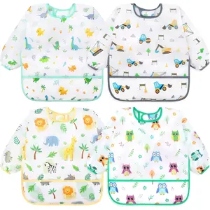4 Pack Long Sleeve Bibs, Baby Smock Waterproof Sleeved Bib Smock for Baby Toddler 6-36 Months