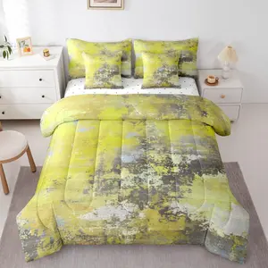 Watercolor Yellow and Grey Comforter Set,7 Pcs,Modern Abstract Art Bedding Set,Tie Dye Bed in A Bag for Kids Boys Girls,Contemporary Artwork Reversible Sheet Set,(Yellow Grey,)