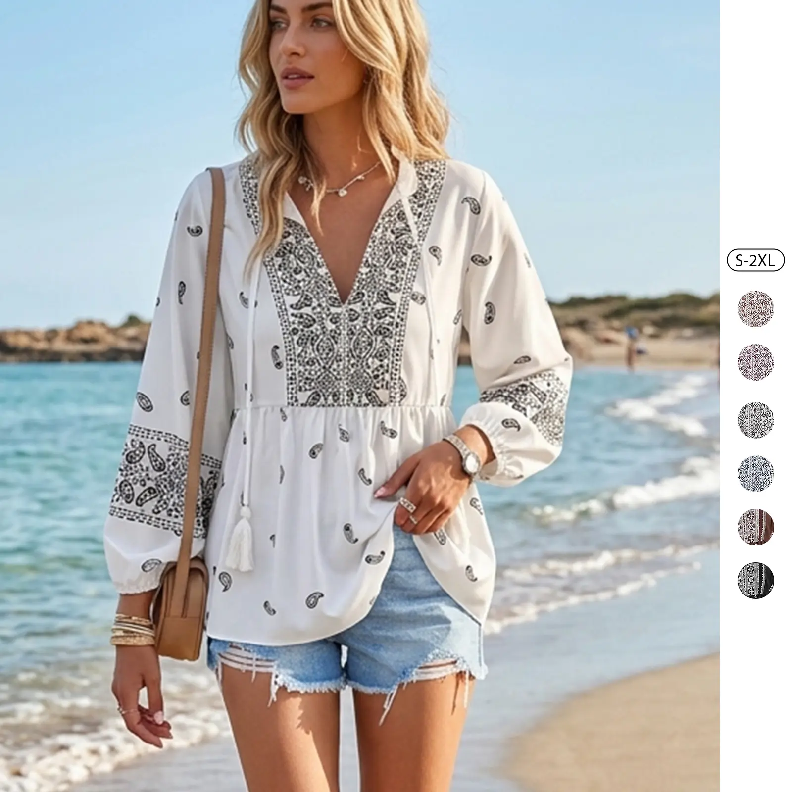 Tankaneo Women's V-Neck Boho Babydoll Blouse - Elastane, Breathable, Pleated Peplum, Long Lantern Sleeves, Summer Dressy Casual Tunic for Thanksgiving, Valentine's Day