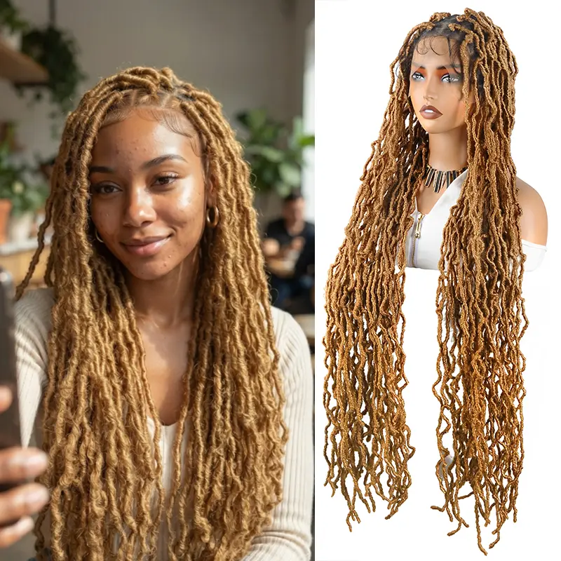 40 Inch Long Knotless Cornrow African Braided Lace Front Wig Handmade Distressed Boho Synthetic Full Lace Braids Wig Natural Baby Hair Glueless Daily Party Protective Style For Black Women #TribalBraids #BraidedWigs #BlackGirlHair