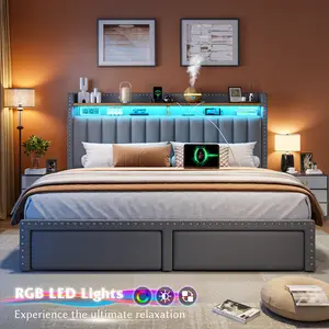 Luxury King/Queen/Full Bed Frame with Storage Shelf & 2 Drawers,NO MATTRESS, Upholstered Bed Frame with LED &Power Outlet, Holds 1000lbs, No Noise, Metal Frame & Wood Slats
