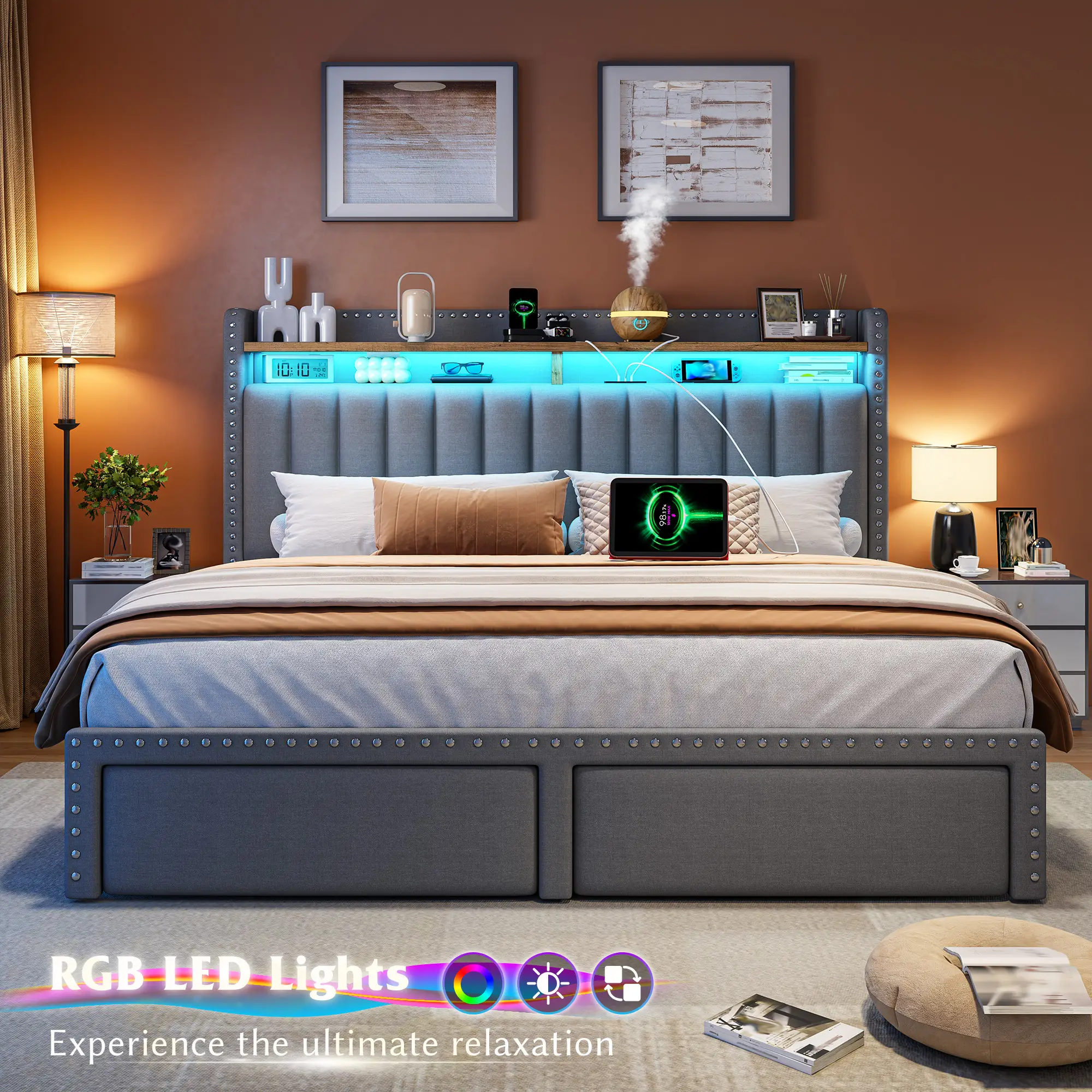 Raybee Luxury King/Queen/Full Bed Frame with Storage Shelf & 2 Drawers,NO MATTRESS, Upholstered Bed Frame with LED &Power Outlet, Holds 1000lbs, No No