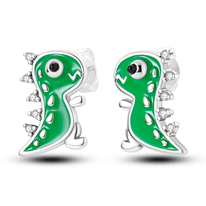 Cute Dinosaur Stud Earrings 925 Sterling Silver, Green Enamel & Clear CZ Accent For Birthday/Everyday Wear