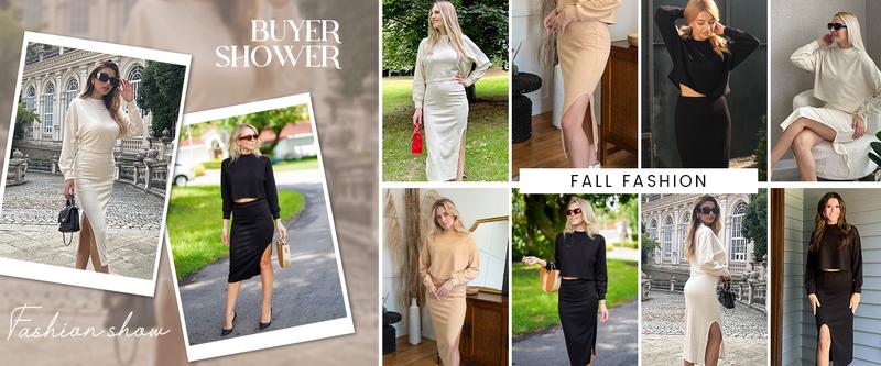 Grace Karin Women's Knitted DressPullover Two-Piece Long Sleeve Pullover Top Skirt Midi SkirtBodycon 2-Piece Set Midi Dress Turtleneck Jumper Dress