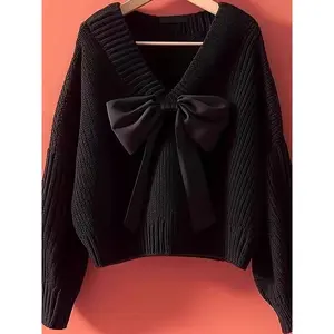 Women's Casual Bowknot Sweater Knitwear, Soft Cozy Autumn Winter Pullover, Simple Lazy Style, Perfect for Daily Wear