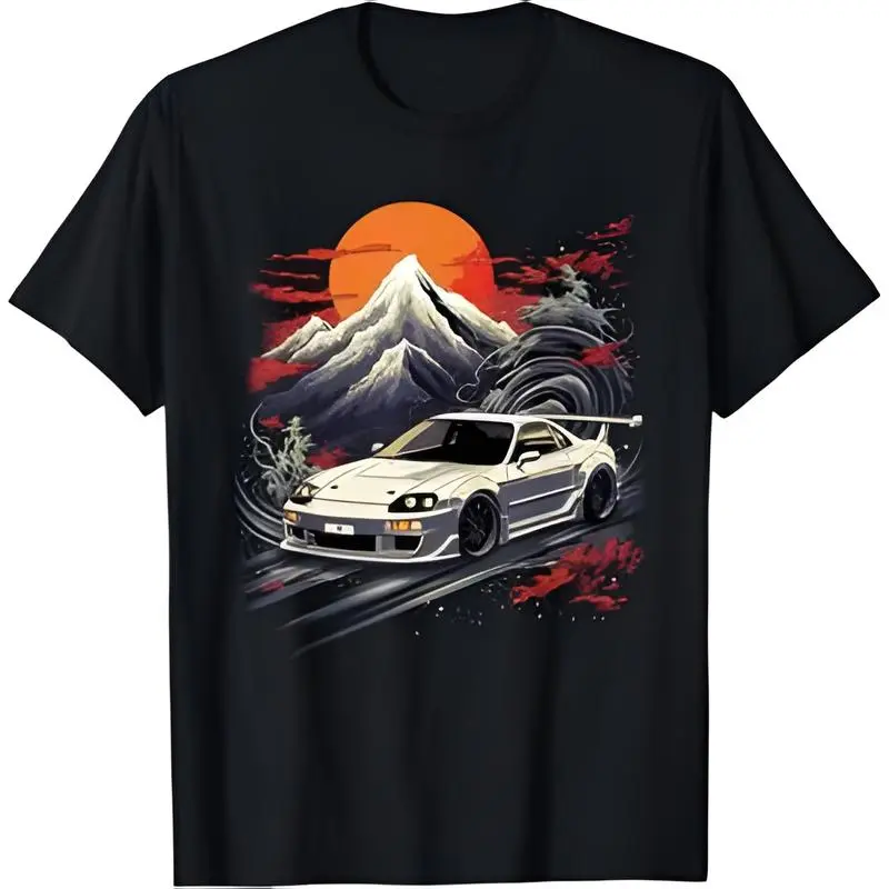 Women's Retro JDM Car Graphic Short-Sleeve T-Shirt - Thick Knitted Cotton Fabric, Smooth Comfortable Ribbed Round Neck, Fashion Fitted Casual Essential, Japanese Racing Birthday Gift for Father, Unisex Tee