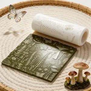 Mushroom Meadow Butterfly Carving Texture Roller, Compatible with Plant and Insect Elements, Exclusive Texture Scene Design, Perfect for Creative Enthusiasts, Exquisite Texture Decorative Patterns, High-Quality Plastic Ceramic Craft Tools