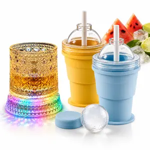 360° Rotating LED Whiskey Glass Set – Luxury Crystal Whisky Tumbler with Colorful Light-Up Base, Includes 2-in-1 Silicone Ice Ball Maker Cup, Straw & Lid