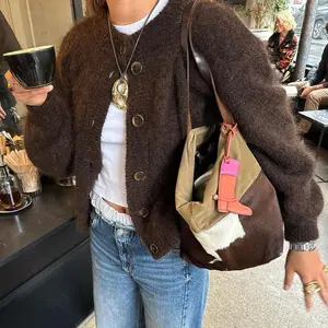 Women’s Retro Brown Casual Button-Up Cardigan Sweater, Autumn/Winter 2025 New Arrival, Loose Fit, Long Sleeve, Warm Coat