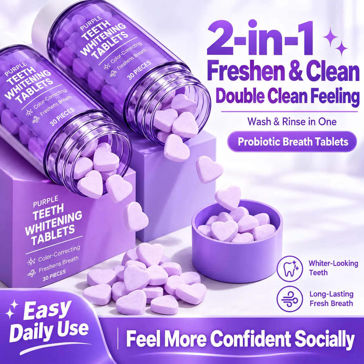 Purple Toothpaste Tablets, 10% Hydroxyapatite & PAP, Fluoride-Free, SLS-Free, Vegan Purple Tone-Correcting Formula for Daily Oral Teeth Whitening & Fresh Breath, 30 Chew & Brush Chewable Tablets
