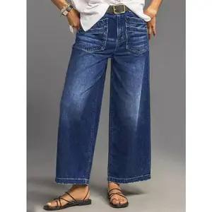 Women'sretrostreetstylestraightlooseslimmingwide-legdenimcroppedpantswithlargepockets,suitableforallkindsofoutfitsvintage-inspiredmid-risewidelegjean