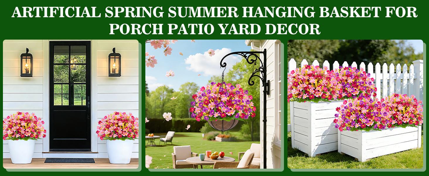1/2pcs Artificial Hanging Flowers Basket for Outdoor Spring Summer Decor, Faux Silk Pink Purple Daisy Flowers in Hanging Planter,UV Resistant Fake Flower Look Real for Home Patio Balcony Yard Decor