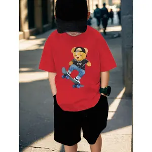 Boys' "Little Bear Skateboarding" Printed 100% Cotton Summer T-shirt - Breathable Elastic Round Neck Top with Geometric Pattern Design for Youth, Suitable for All Seasons