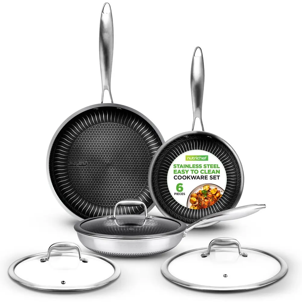 Modern 6-Piece Non-Stick Frying Pan Cookware Sets - Tri-Ply Stainless Steel-Aluminium Core, Honeycomb Scratch-Resistant, Quick & Even Cooking, Glass Lid Included, Oven & Dishwasher Safe, Gas-Electric-Ceramic-Induction Compatible Home Kitchen Essentials, M