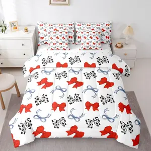Red Bow 7 Piece Comforter Set,| Cow Print Bowknot Bed in A Bag Ribbon Bow Tie Sheet Set,Reversible Dreamy Princess Style Bow Tie Fitted Sheet Breathable Lightweight