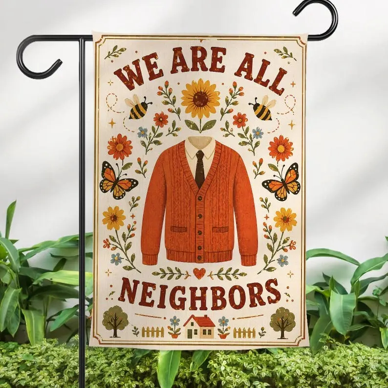 We Are All Neighbors Garden Flag, Vintage Cardigan Kindness Outdoor Decor, Retro Flower Sunflower Yard Sign, Welcome Housewarming Lawn