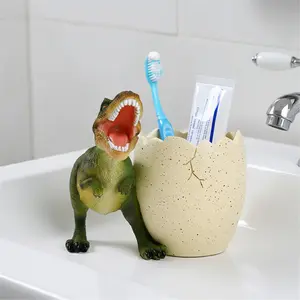 Creative Dinosaur Toothbrush Holder Cute Animal Bathroom Organizer Shelf No Drill Wall Mounted Storage Bathroom Countertop Toothpaste Stand Adorable Resin Craft Home Decor Dinosaur Design