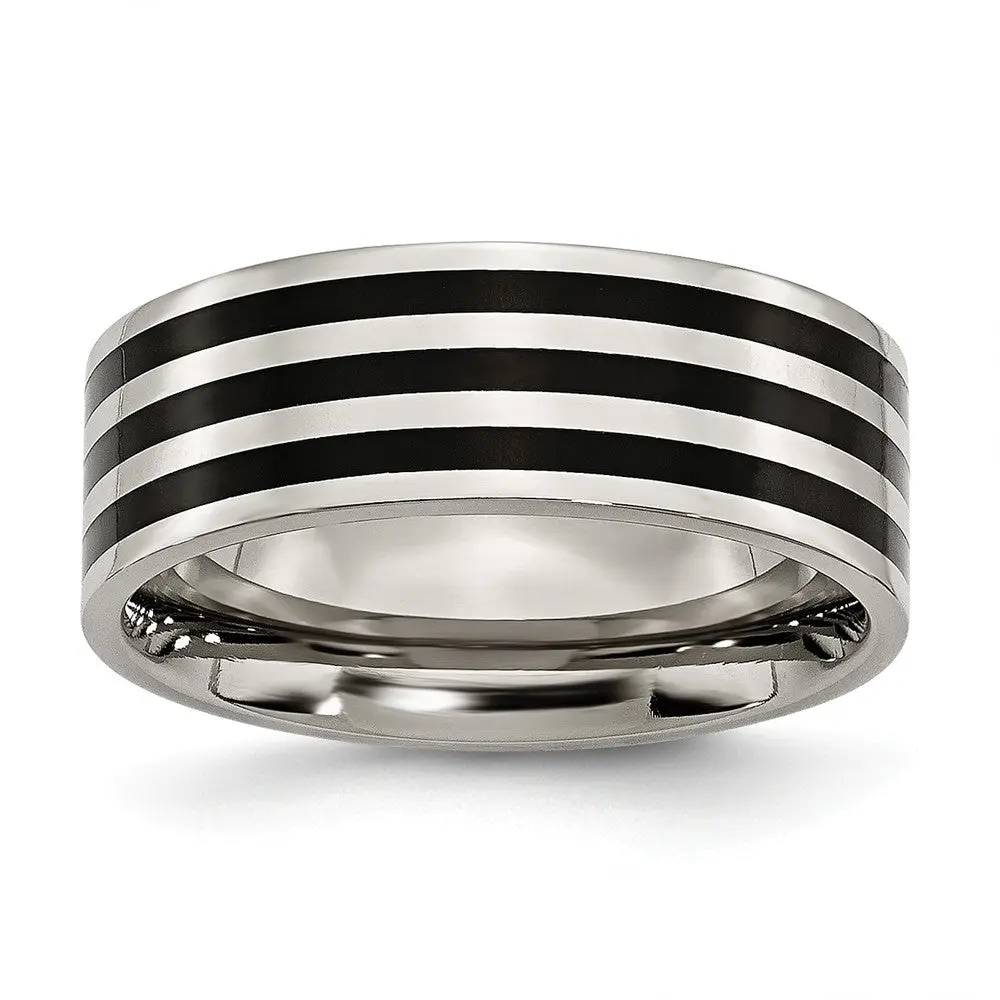 Black Ion-Plated Engravable Fade-Resistant Striped Stainless Steel Wedding Band, 8mm, Black Ion Plating