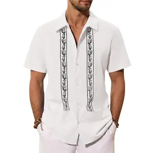 Men's Cuban Guayabera shirt cotton linen short sleeved shirt casual hippie beach button pocket