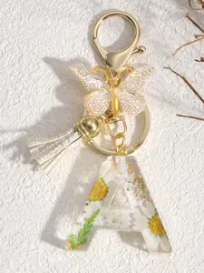 Women's Elegant Keychain Pendant, Resin Letter Charm Accessory, Daisy Petal Design, Dry Flower Jewelry Gift for Women & Girls, Bag Pendant Keychain