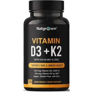 Natgrown Vitamin D3 5000 IU + K2 MK7 100mcg with Zinc - Plant Based Supplement for Bone and Immune Support with Superfood Blend, Gluten-Free - 120 Capsules