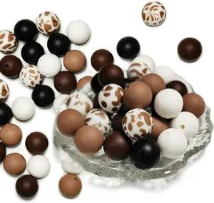 50PCS brown Silicone Beads Keychain Making Kit, Silicon Beads 15mm for Wristlets, Pens, Necklace Jewelry DIY, Round Rubber Beads Craft Assessories