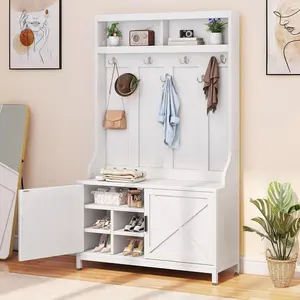 Hall Tree with Storage Bench, Farmhouse Entryway Bench with Coat Rack, Storage Shelf and Shoe Storage, Freestanding Entrance Organizer Hall Tree with Bench for Hallway (White)