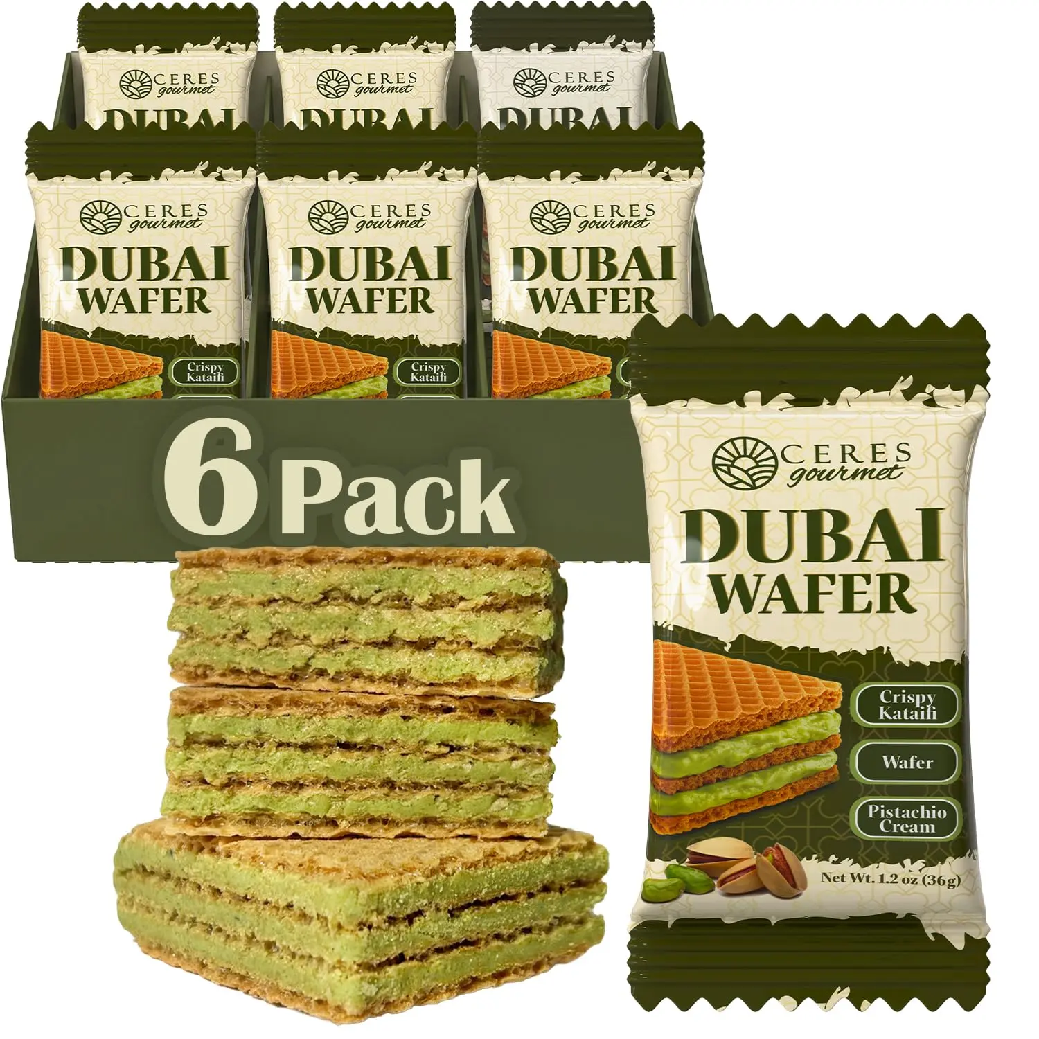 Ceres Gourmet Dubai Pistachio Kunafa Wafer 6 Pieces, Crispy Pistachio Filled Wafer Cookies, Individually Wrapped Gourmet Snack Gift Box