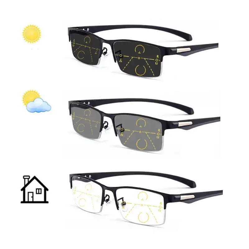 Progressive Reading Glasses, Comfortable Rectangular Semi-Frame Metal Eyeglasses with Multi-Focus Photochromic Lenses, +1.0 to +4.0, Metal Frame, Multi-Focus Lens