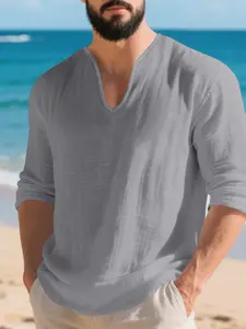 Spring & Fall American Linen Long Sleeve Men's T-Shirt, Casual Deep V-Neck Plain Solid Color Loose Fit Crop Top, Comfortable Layering Shirt