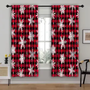 2PCS classic style Christmas decorative curtains, red and black checkered snowflake curtains, digital printed polyester fiber curtains, machine washable, living room decorative pole bag panels, suitable for all seasons, Window Curtain