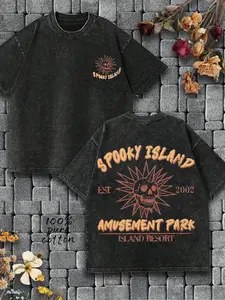 Unisex Spooky Island Skull Sun Print Short Sleeve T-Shirt, 100% Cotton Vintage Dark Style, Streetwear Y2K Casual Wear, Black Friday holiday gifts