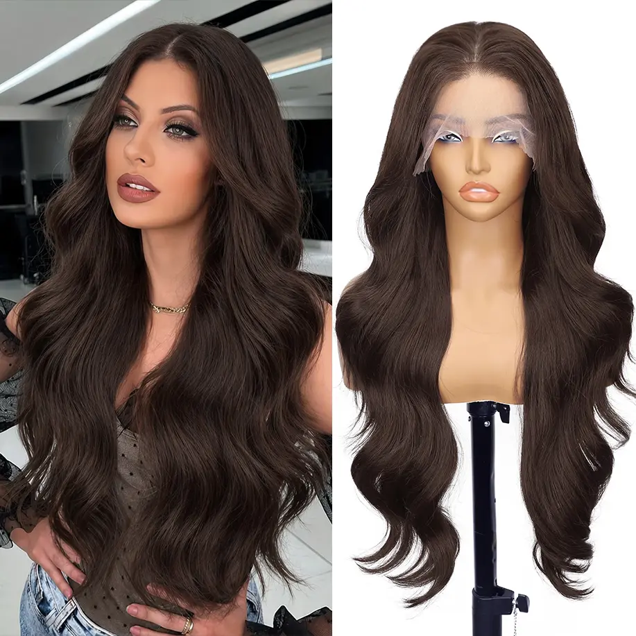 [AISI HAIR]13x6 HD Lace Front Glueless Wigs for Women Chocolate Brown Long Layered Wave Wig Natural Hairline Heat Resistant Synthetic for Daily Use Beginner Friendly 30 Inch