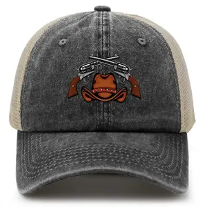 Western Cowboy Revolver Print Mesh Trucker Hat - Vintage Washed Distressed Baseball Cap, Adjustable