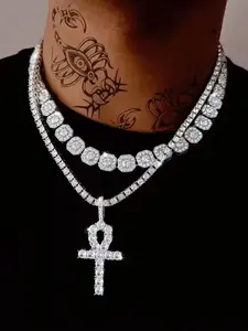 3pcs Hip-Hop Fashion Cross Pendant Necklace Set, Dazzling Zinc Alloy Tennis Chain Rock Sugar Stacked Jewelry for Men Women, Trendy Punk Influence Accessories, Multilayer Cross Necklace, Cross Necklaces