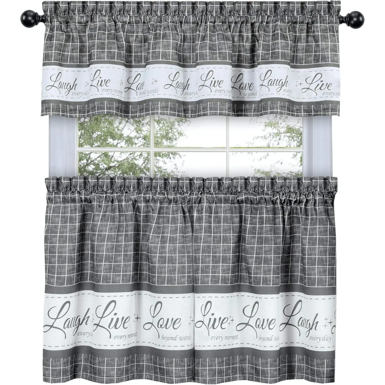 3-Pc. Gingham Check Kitchen Curtain Set - Laugh Live Love Message, Café Plaid Design, Assorted Colors & Sizes (Gray, 36 in. L)