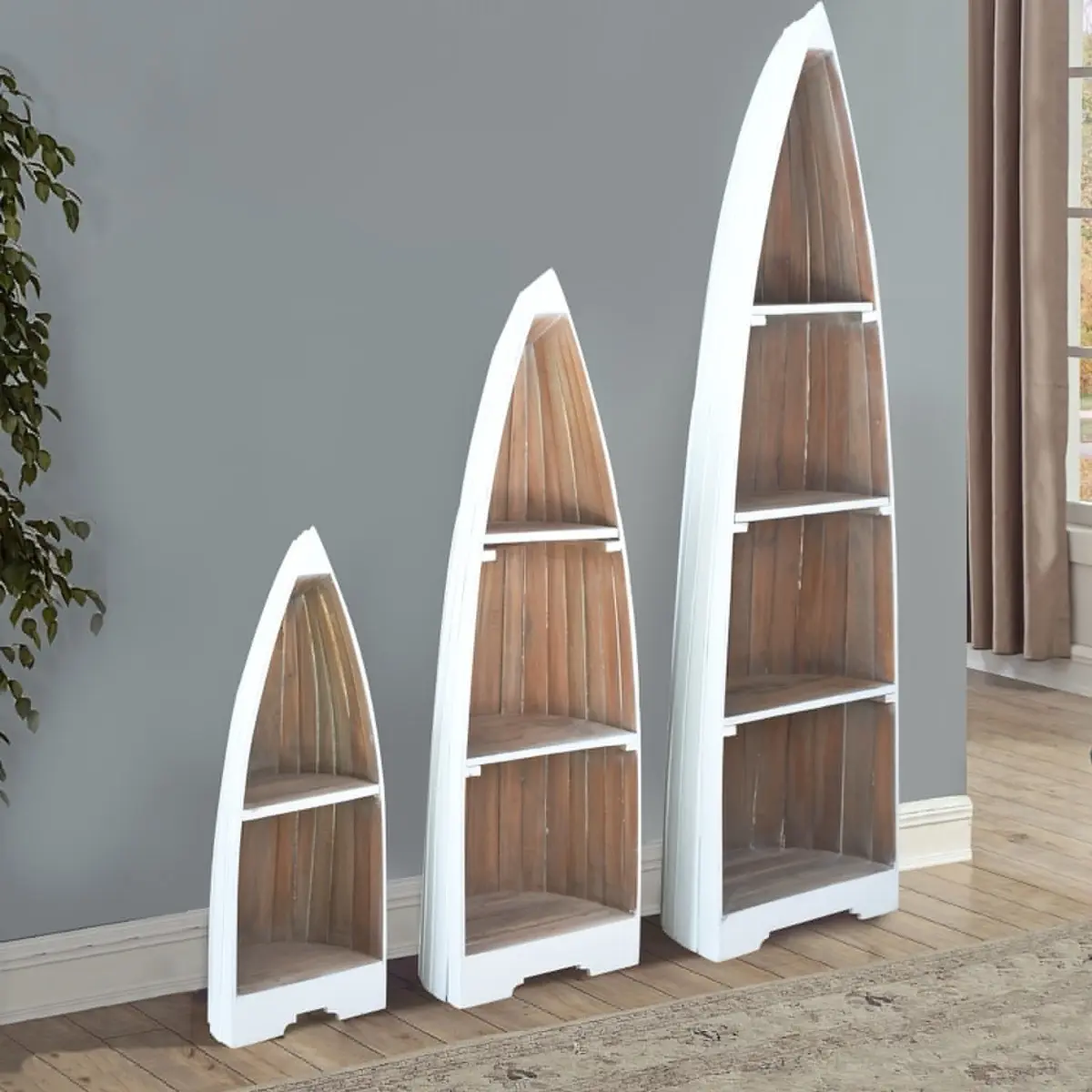 Sunset Trading Cottage 3 Piece Boat Shaped Freestanding Shelves | White/Driftwood Brown Solid Wood | Fully Assembled Nautical Display Cases