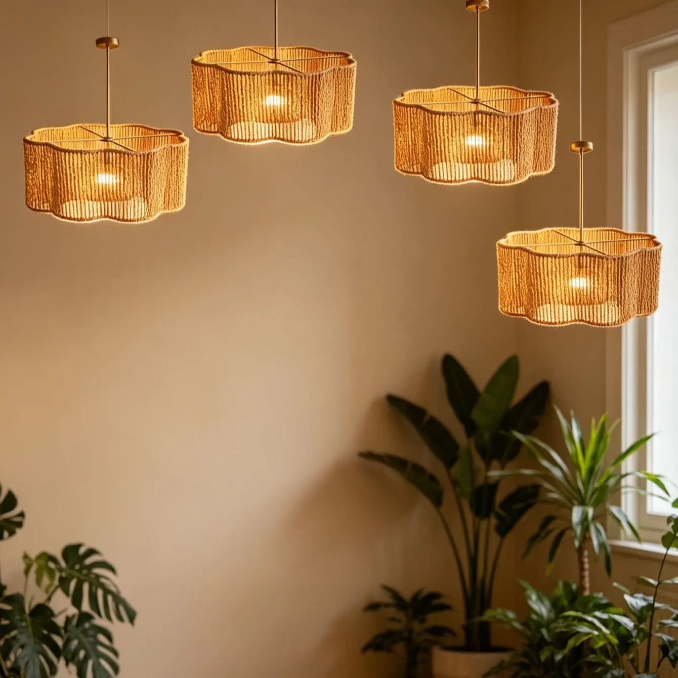 1 Piece Pendant Lamp Shade, Rattan Ceiling Light Cover, Woven Rope Lamp Shade, Suitable for Home Decor, Semi-Embedded, Decorative