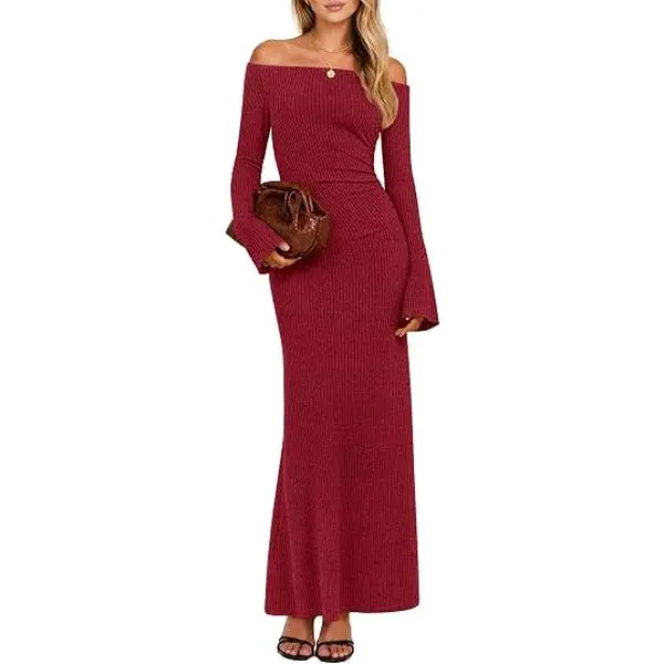 ZESICA Women's Fall Long Sleeve Off Shoulder Ruched Knit Bodycon Dresses | Elegant Slim Fit Knitted Maxi Dress, Wedding Guest Cocktail Party Date Night Long Dress, 2026 Spring Trendy Outfits Clothes