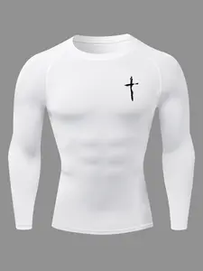 Men's Cross Graphic Print Long Sleeve Compression Shirt, Gym Workout Fitness Training Running Tight-Fit T-Shirt, Athletic Quick-Dry Elastic Baselayers Undershirts Top, Spring & Fall Sportswear, Athletic Apparel