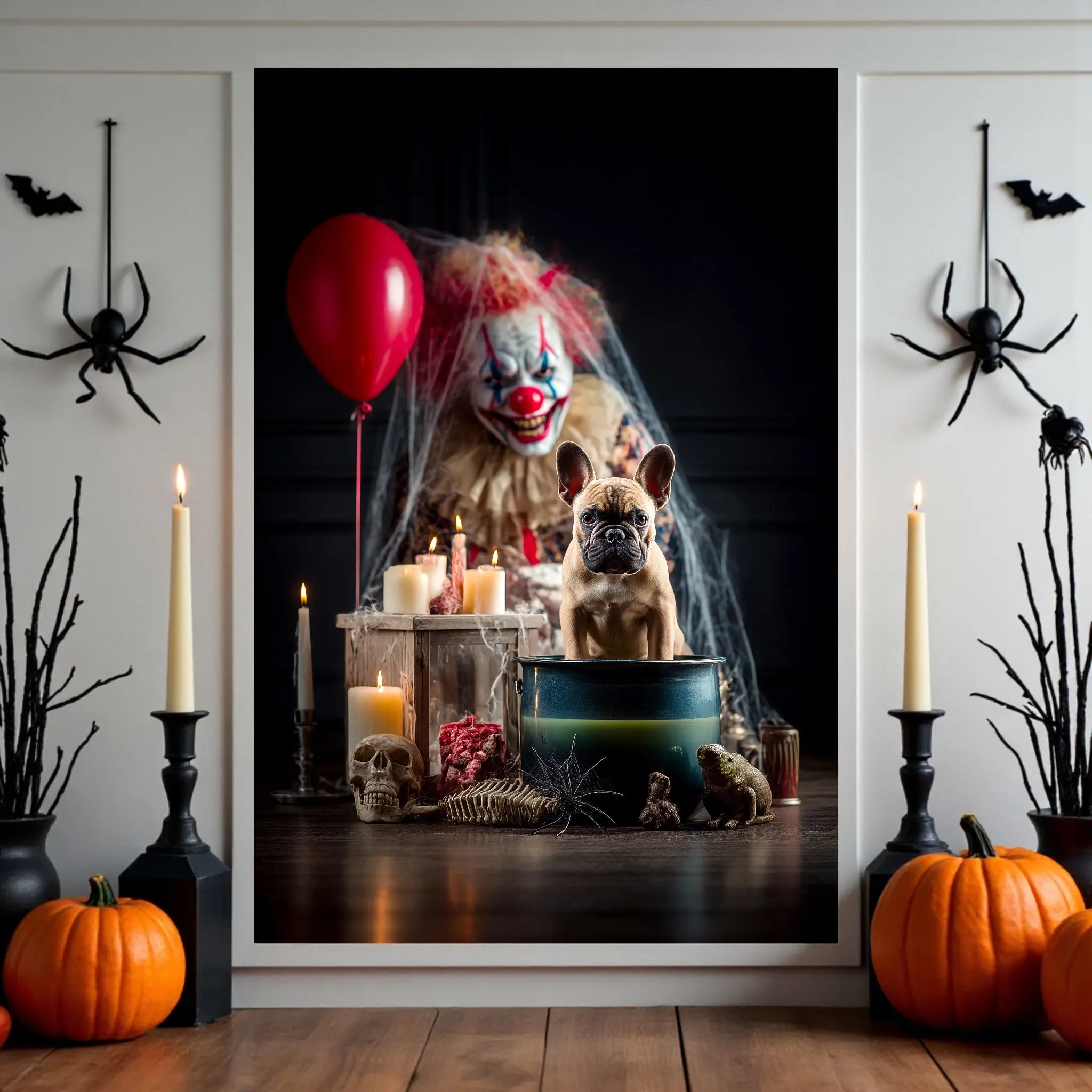 Spooky French Bulldog Halloween Poster: Creepy Clown Dog A2 Print