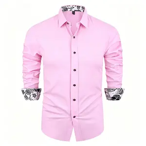 Men’s premium business casual long-sleeve shirt featuring patterned trim at the cuffs and collar; comfortable cotton-feel casual shirt with an elegant, refined slim fit for business settings.