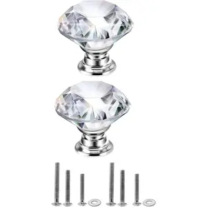 2PCS Crystal Knobs Diamond Shaped Handles Clear Glass Cabinet Knobs for Clot Drawer Kitchen Dresr Cupboard Wardrobe,3 Size Screws