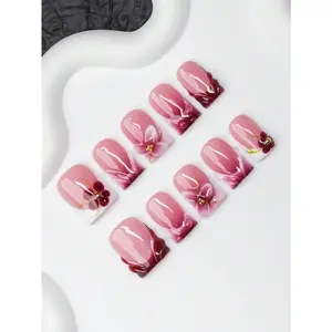 10pcs Square Shaped Handmade Nail Tips, Y2K Baddie Style, Nude, White, Red Color Nail Plates With French Edge, Carved Flowers, Water Droplets, Glitter Elements, Suitable For Women And Girls, Party, Dance, Daily Wear, Includes Nail Tools (Random Color) Nai