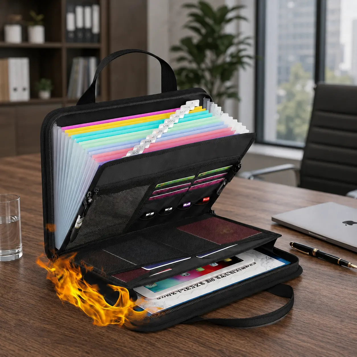 Fabric Fireproof Accordion File Folder - Large Capacity Expanding Document Organizer with Handle, Portable Office Document Storage Bag