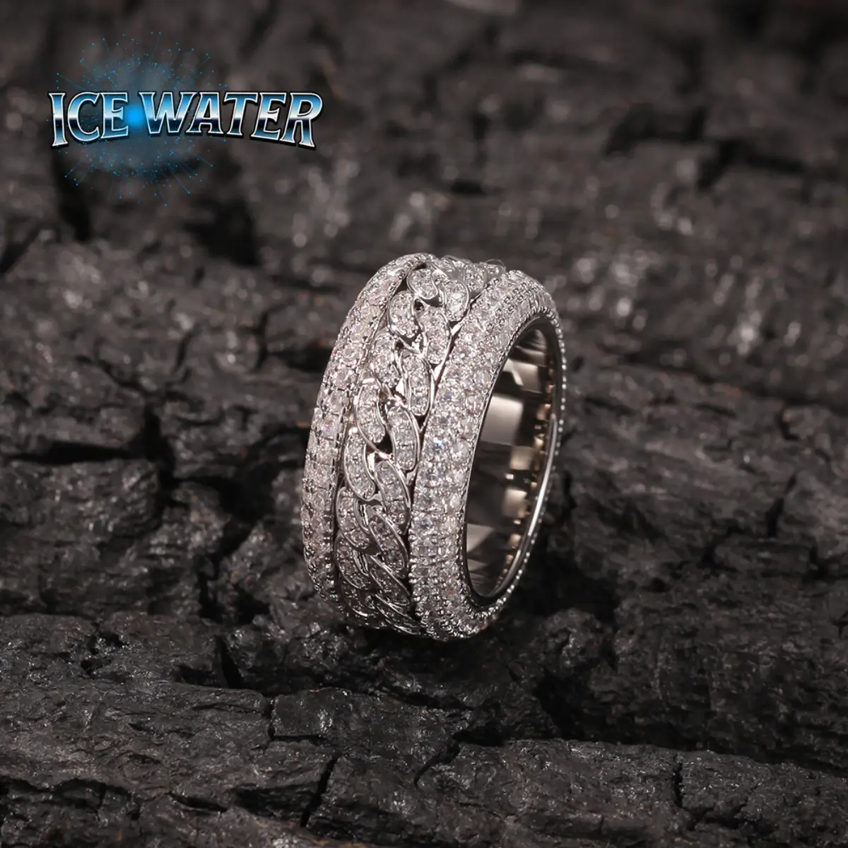 ICE WATER Men's Spinner Cubic Zirconia Ring, Hip Hop Punk Jewelry, Gifts