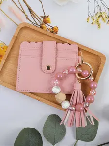 Fashionable Morandi Color Keychain Card Holder, Cute Beaded Pendant, Convenient Key Ring, Holds Cards, Perfect Gift for Friends & Holidays